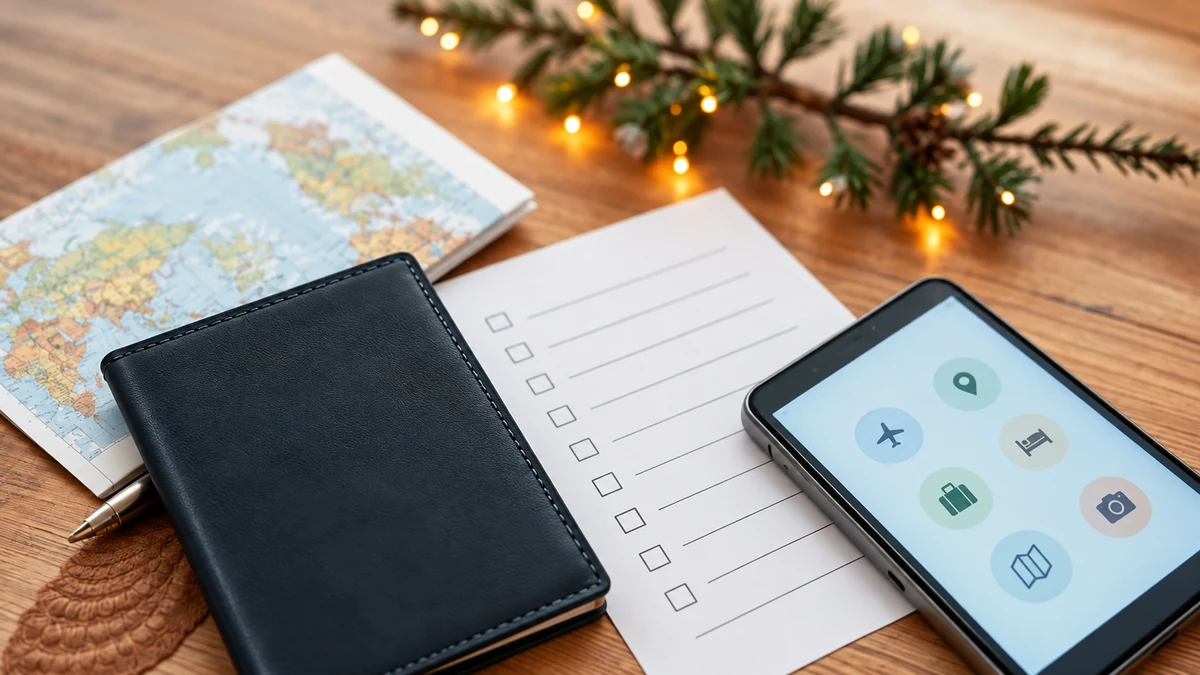 Travel documents and planning essentials on a Christmas desk