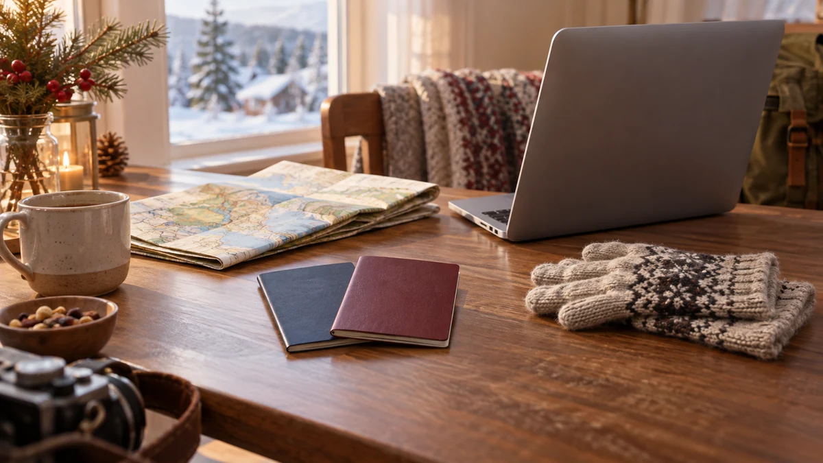 Travel documents and warm gloves on a winter planning desk