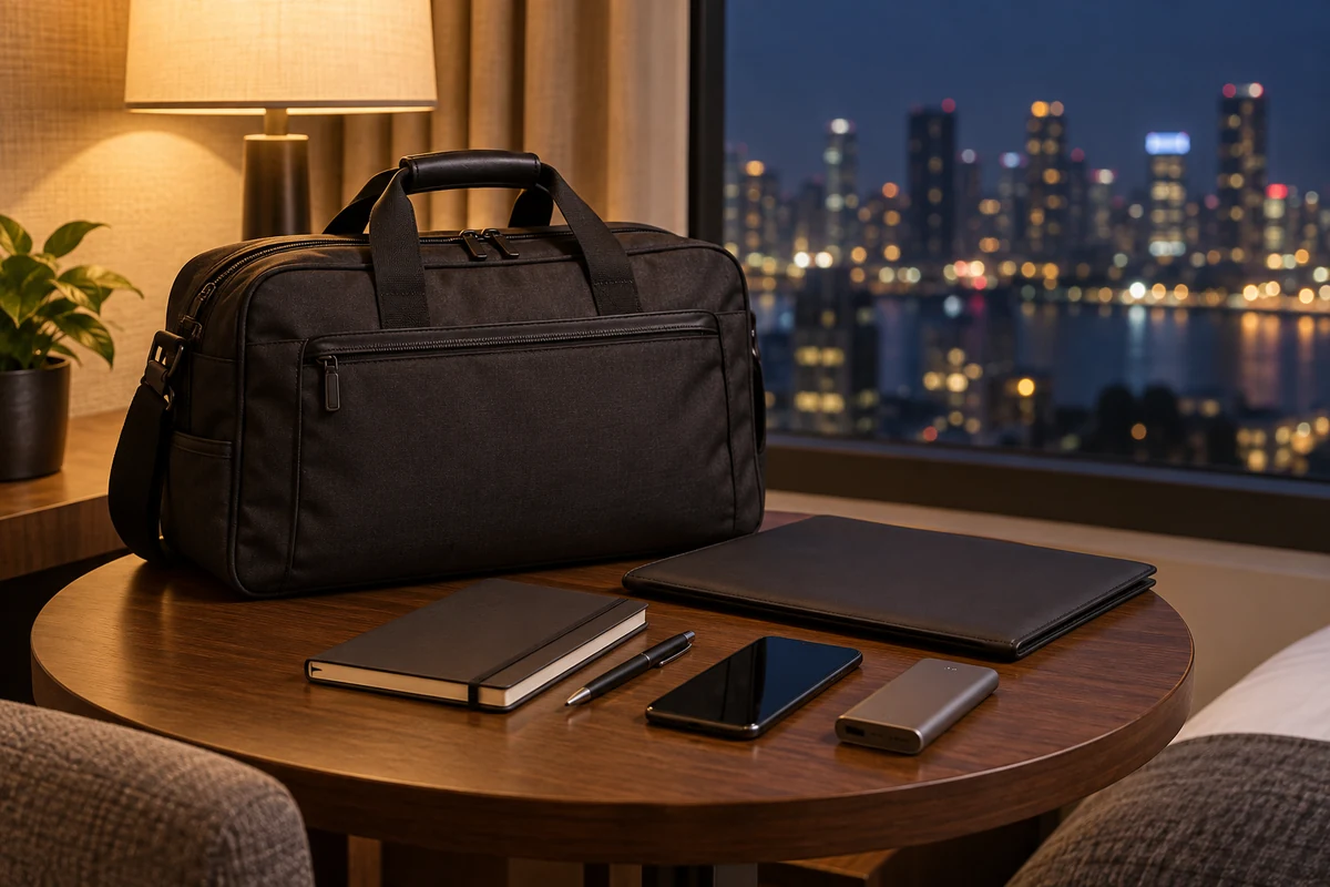 Travel essentials and booking notebook on a hotel table