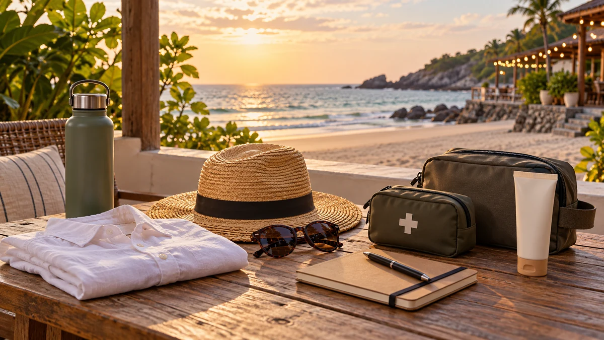 Travel essentials prepared for a beach holiday