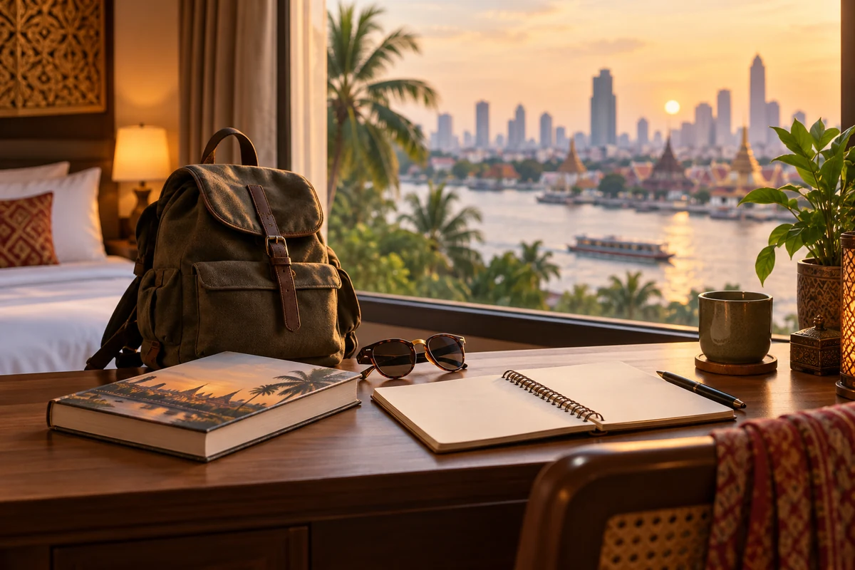 Travel notebook and backpack beside a tropical city window