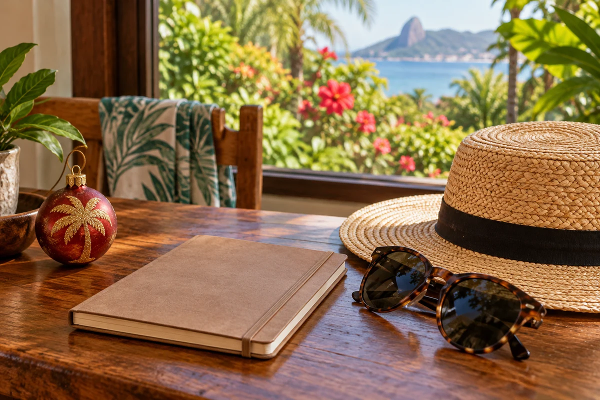 Travel notebook sunglasses and straw hat beside a tropical view Travel notebook sunglasses and straw hat beside a tropical view