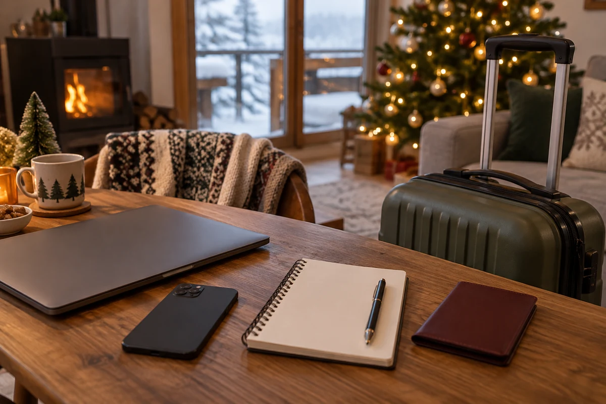 Travel planning essentials beside a packed suitcase Travel planning essentials beside a packed suitcase