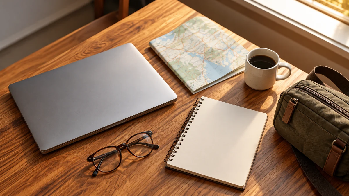 Travel planning essentials on a desk