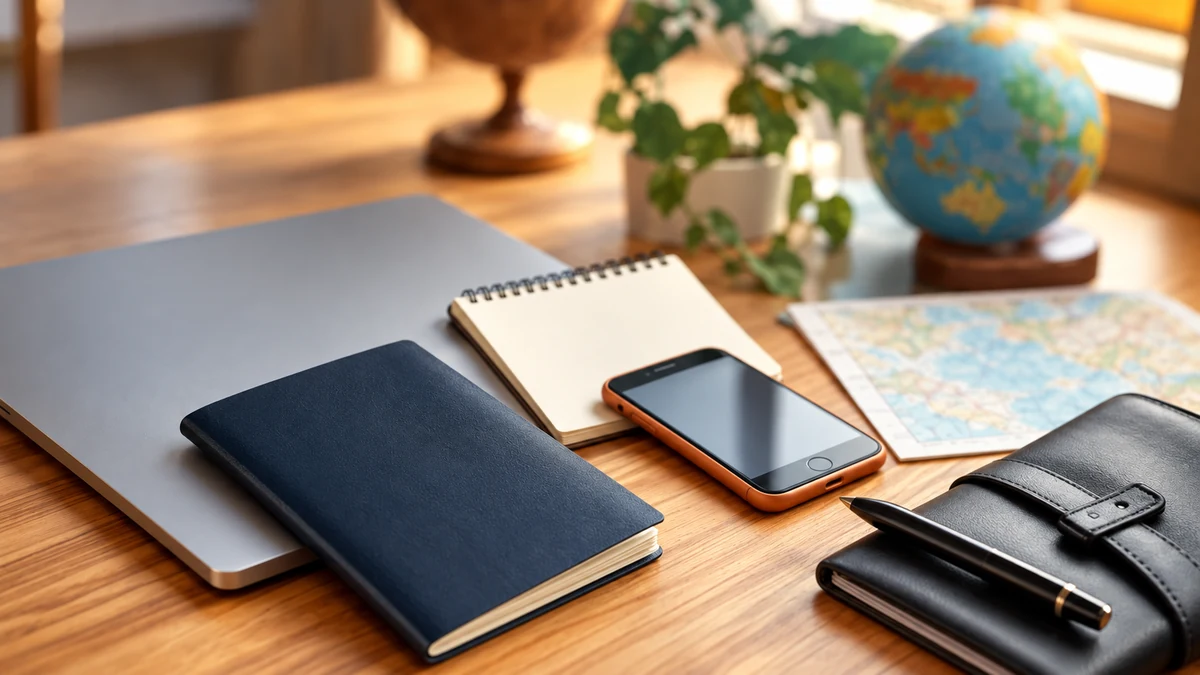 Travel planning materials beside festive decorations