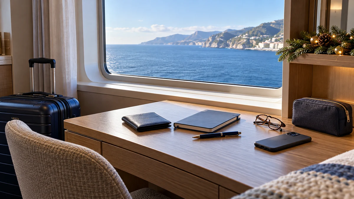 Travel wallet and notebook prepared for planning a cruise itinerary