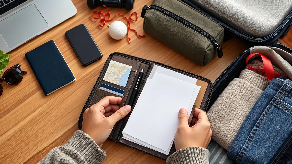 Travel wallet and organised documents beside a suitcase Travel wallet and organised documents beside a suitcase