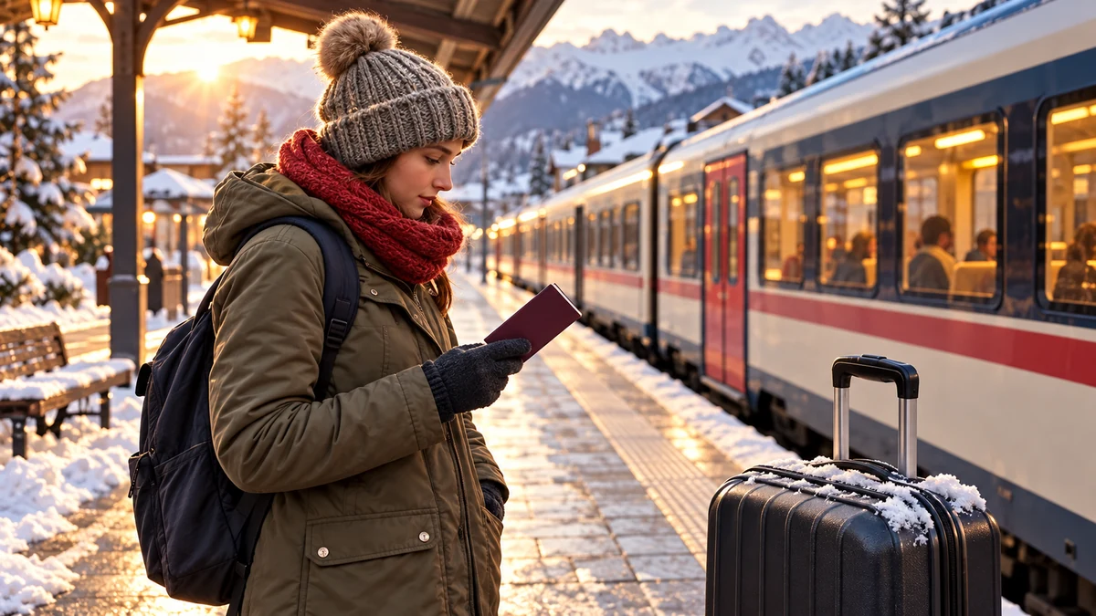 Traveller checking a booklet on a winter train journey Traveller checking a booklet on a winter train journey