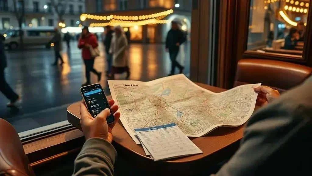Traveller checking a map and phone while planning a winter outing Traveller checking a map and phone while planning a winter outing