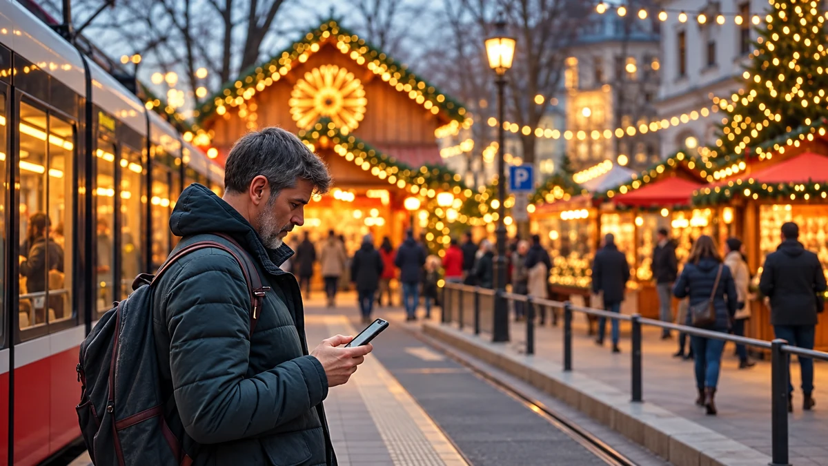 Traveller checking a phone beside a city tram