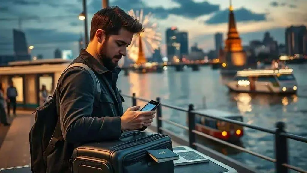 Traveller checking a phone beside luggage at a riverside