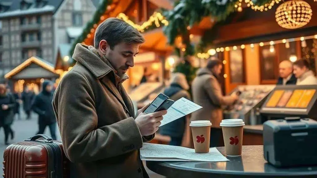 Traveller checking details beside a festive market