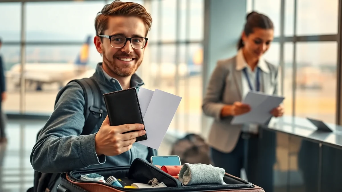 Traveller holding a plain travel wallet and papers Traveller holding a plain travel wallet and papers