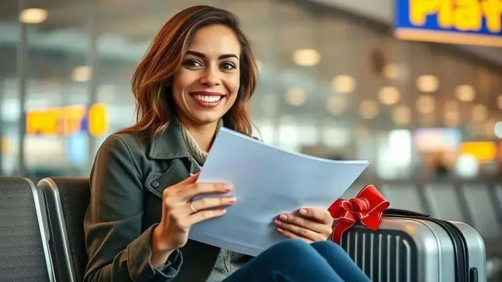 Traveller organising documents at an airport