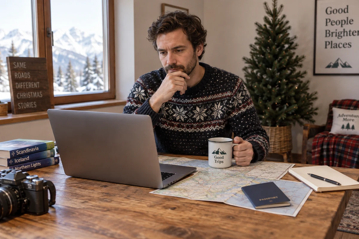 Traveller planning a flight at a desk Traveller planning a flight at a desk