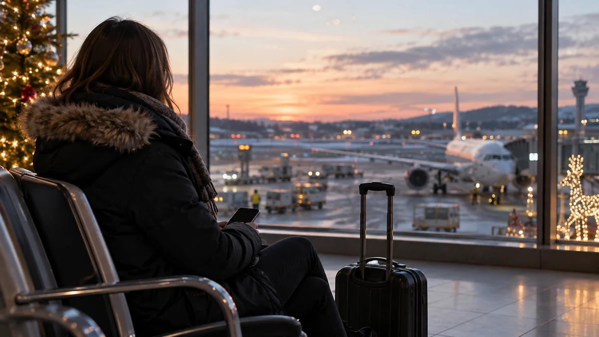 Traveller resting beside luggage at an airport window