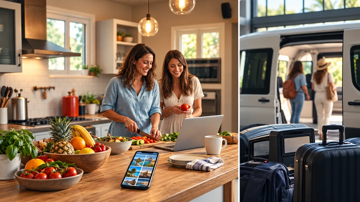 Travellers preparing food in a rental kitchen and luggage by a minibus Travellers preparing food in a rental kitchen and luggage by a minibus