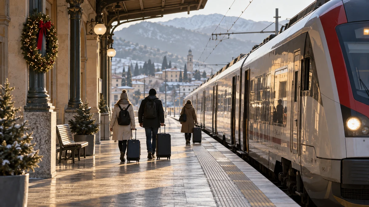 Travellers waiting beside a passenger train in winter