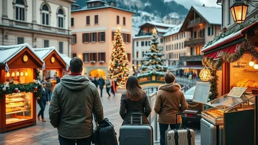 Travellers with suitcases at an Italian Christmas market