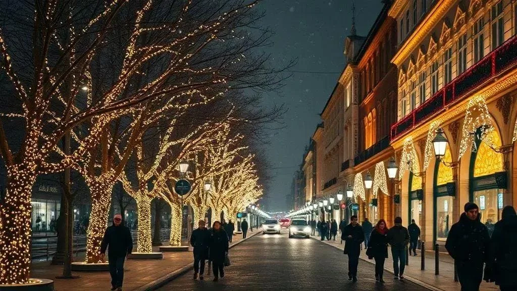 Tree lights beside a festive shopping street