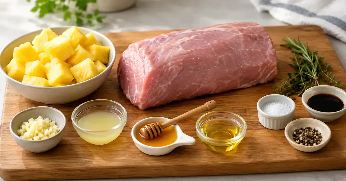 Trimmed pork loin and pineapple prepared for roasting