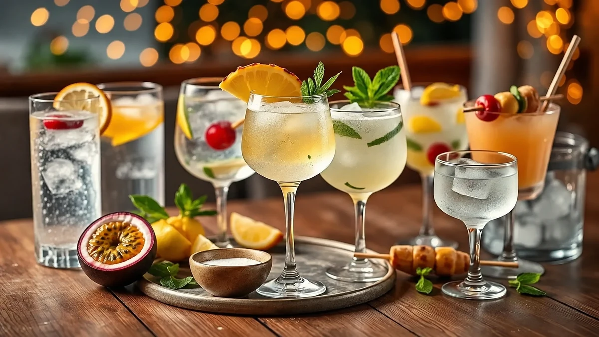 Tropical cocktails presented with fruit garnishes