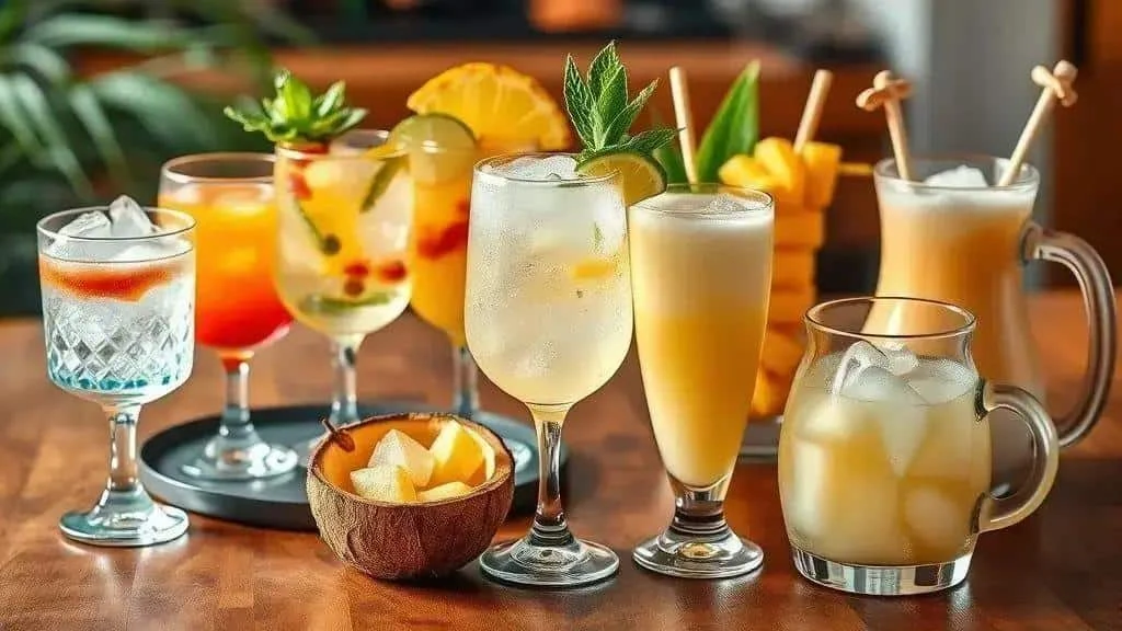 Tropical drinks in varied glasses with fruit garnishes