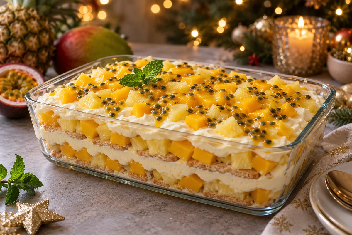 Tropical fruit and biscuit pave
