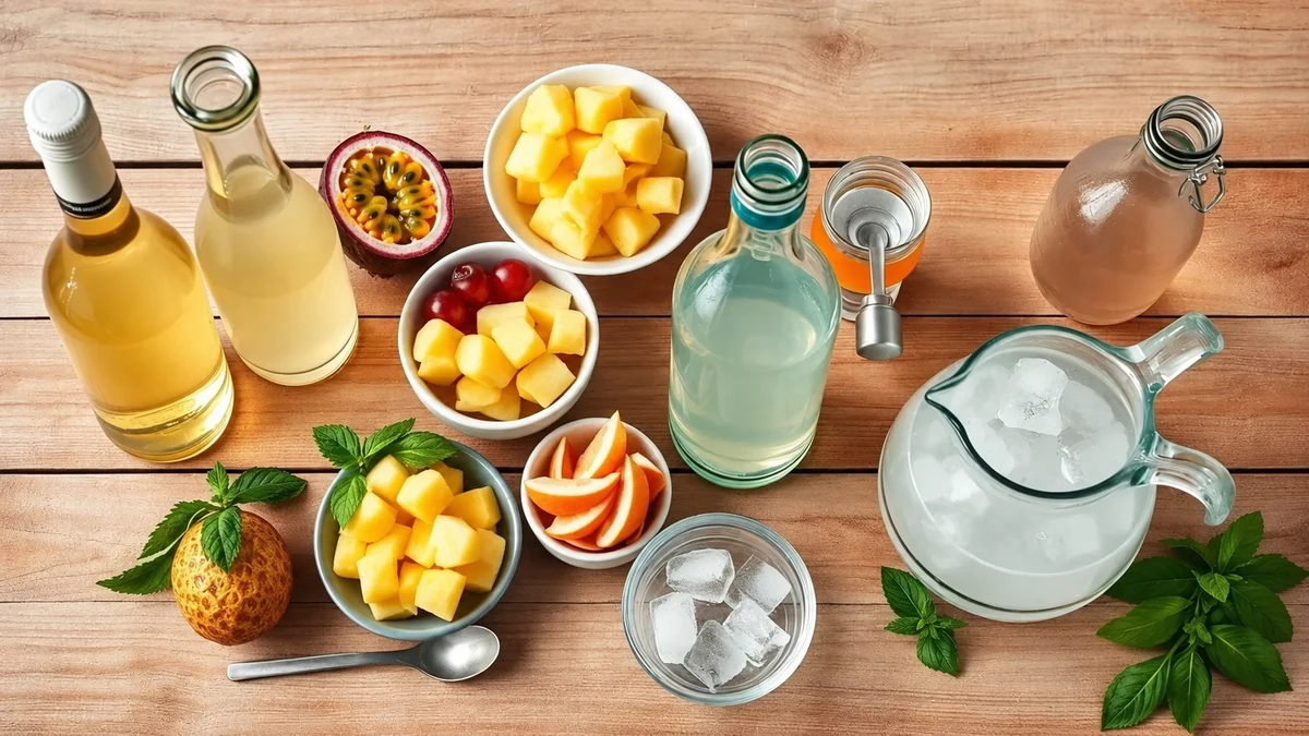 Tropical fruit, bottles and ice arranged for clericot