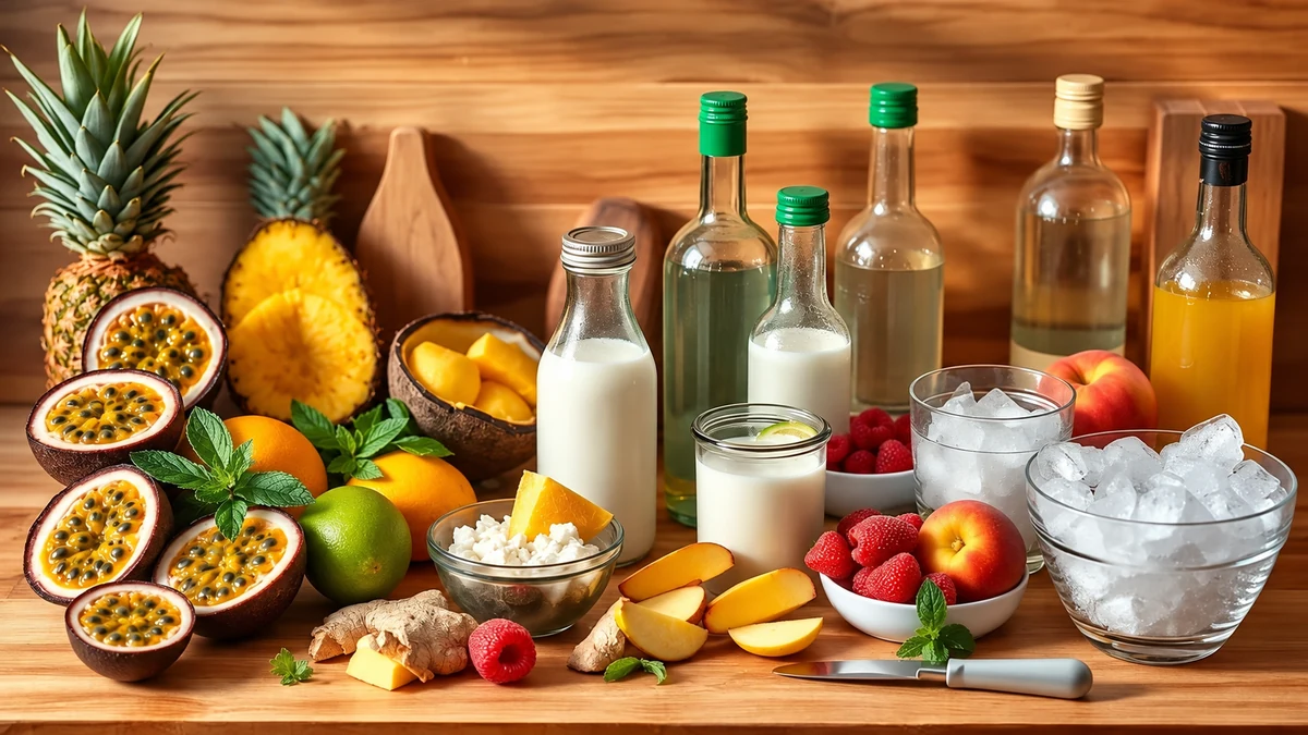 Tropical fruit, coconut milk, bottles and ice for mixed drinks