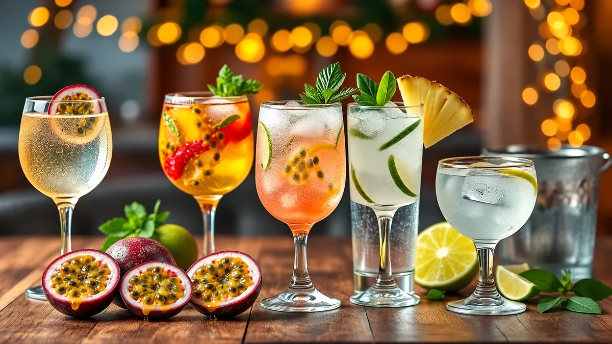 Tropical gin cocktail variations with fresh fruit