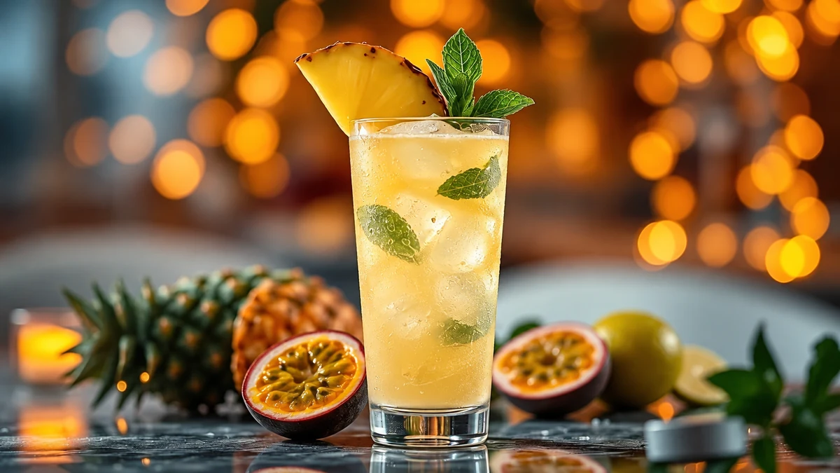 Tropical gin cocktail with pineapple and passion fruit