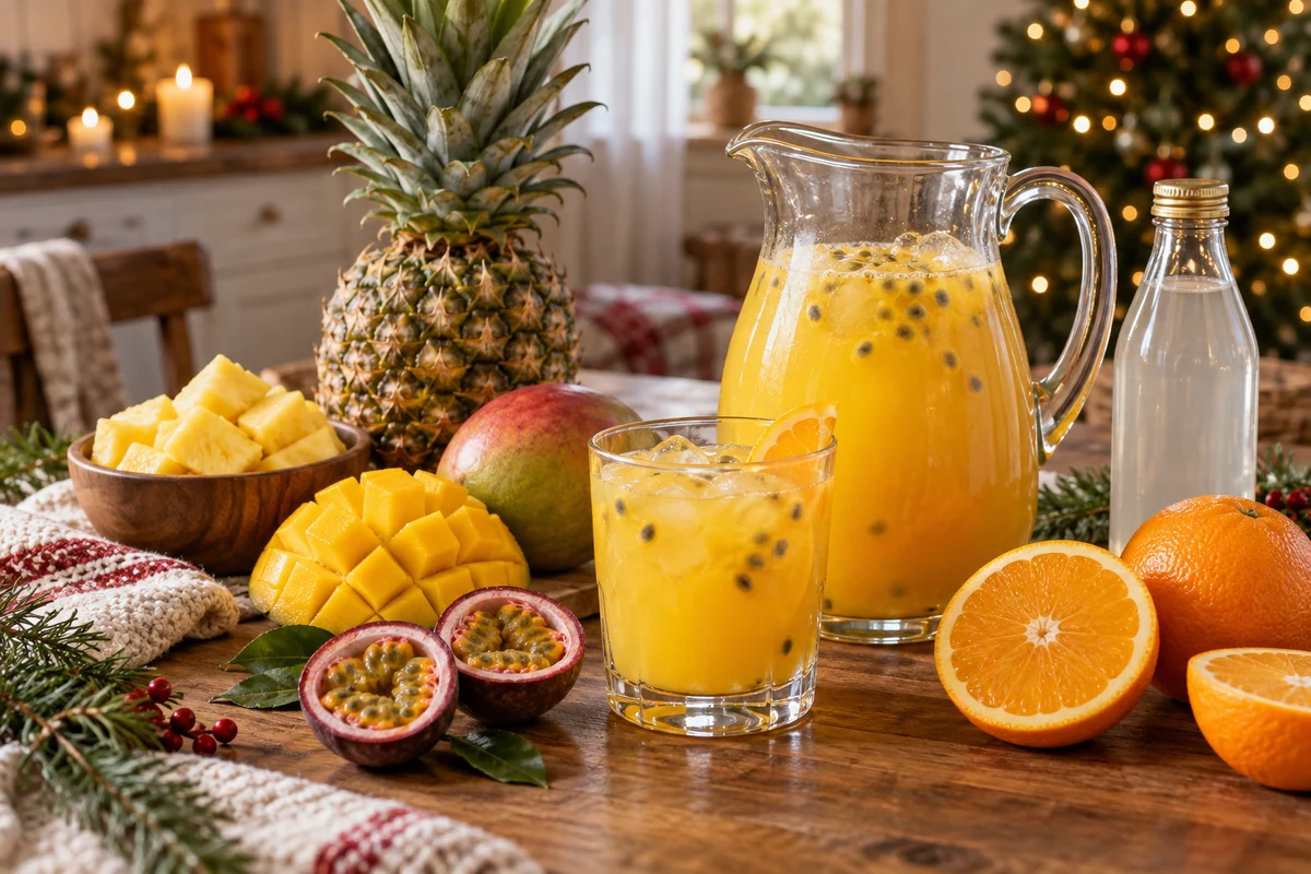 Tropical juice with pineapple, mango and passion fruit