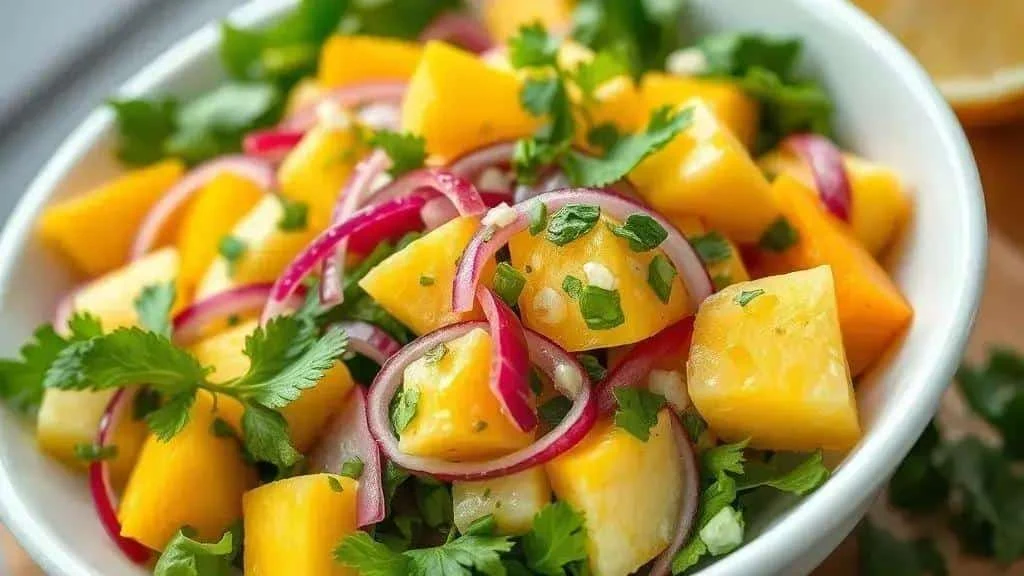 Tropical New Year's Eve salad with mango and pineapple