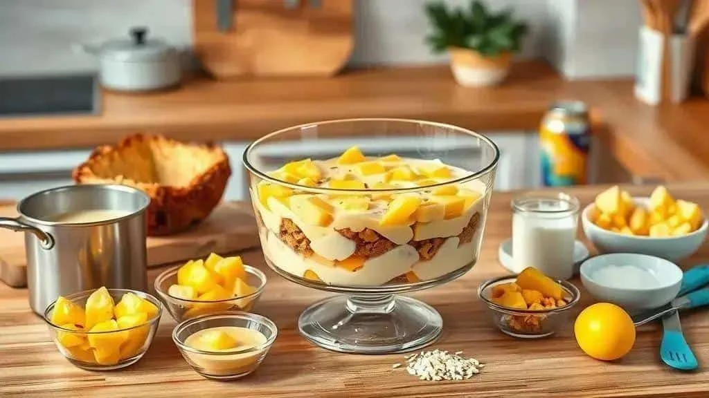 Tropical panettone trifle in a glass bowl