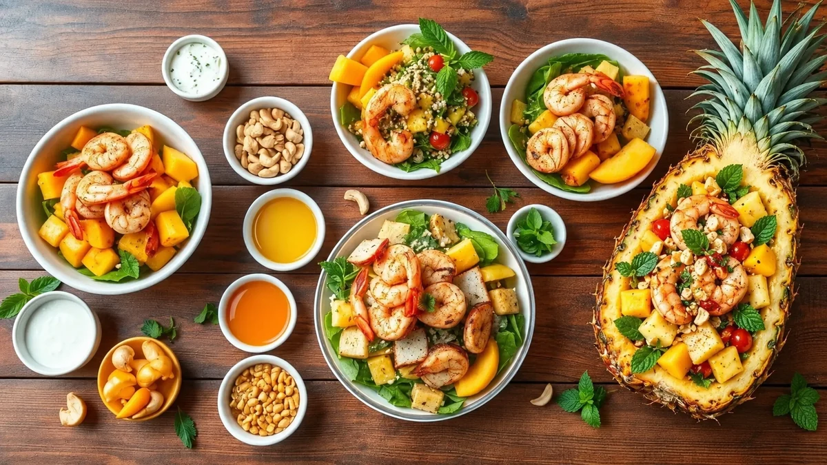 Tropical prawn salads with mango and pineapple Tropical prawn salads with mango and pineapple