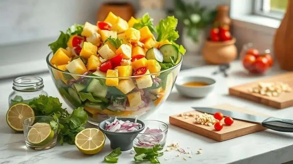 Tropical salad in a glass bowl