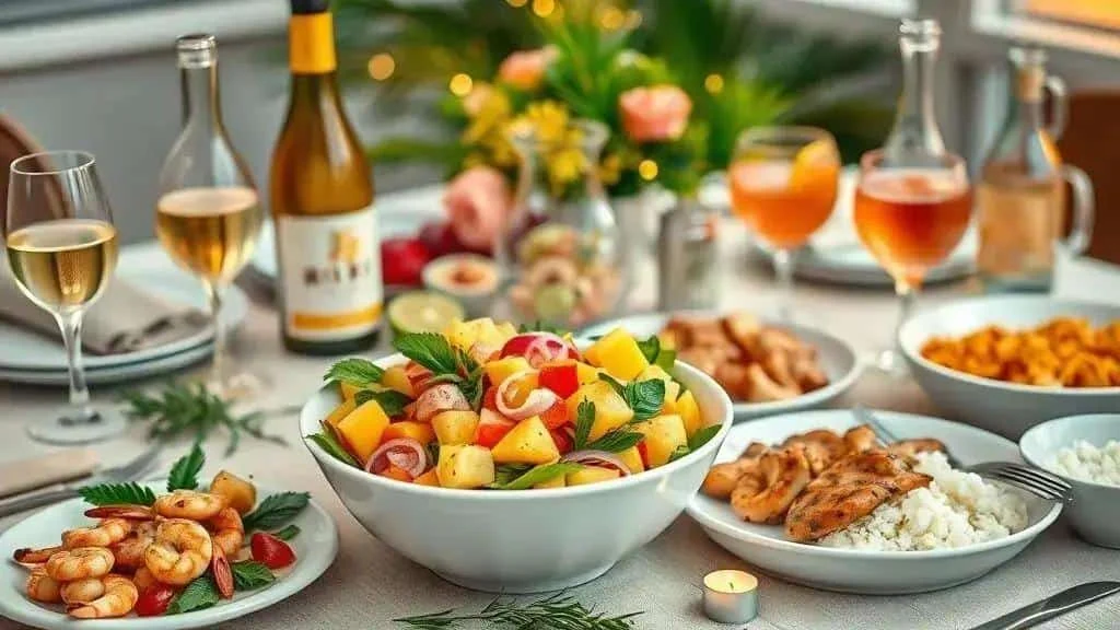 Tropical salad served alongside a celebration meal Tropical salad served alongside a celebration meal