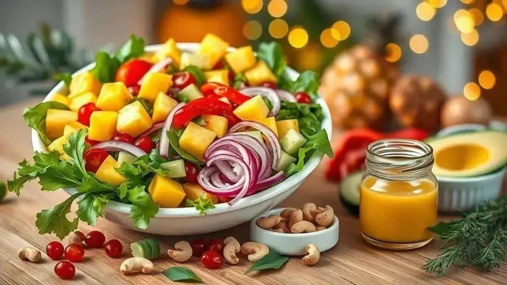 Tropical salad with mango, avocado, lettuce and red onion