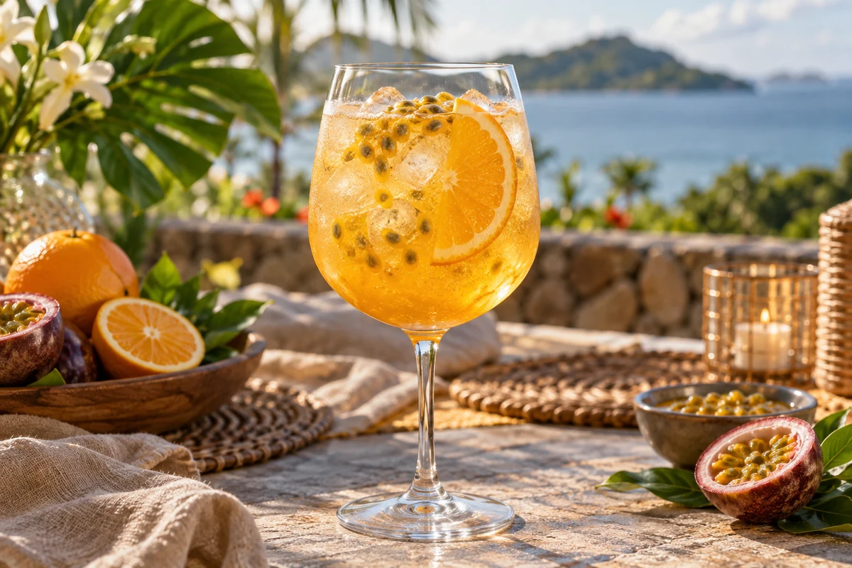 Tropical sparkling spritz with orange and passion fruit Tropical sparkling spritz with orange and passion fruit