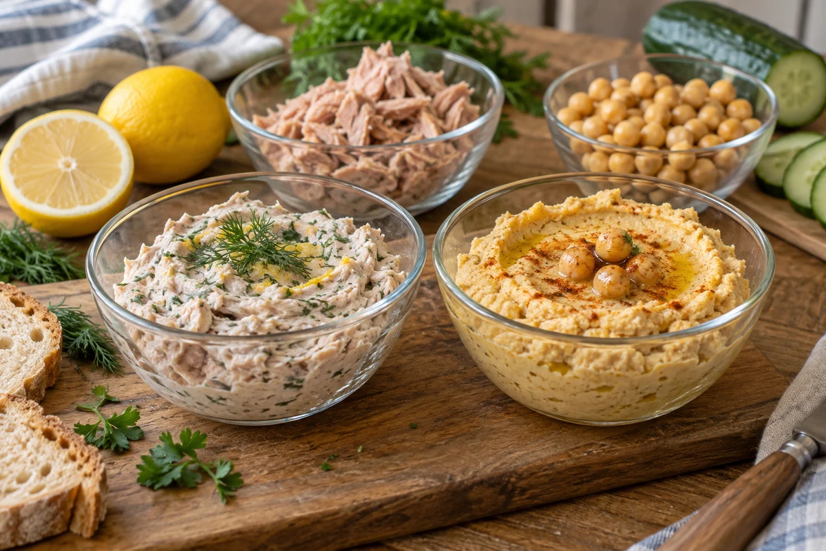 Tuna and chickpea spreads with fresh garnishes