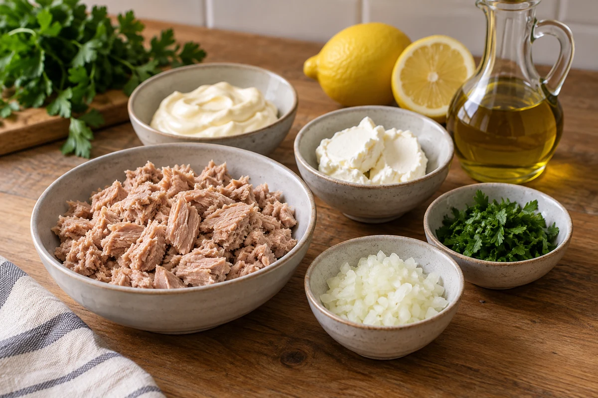 Tuna, mayonnaise, cream cheese and herbs for pate Tuna, mayonnaise, cream cheese and herbs for pate