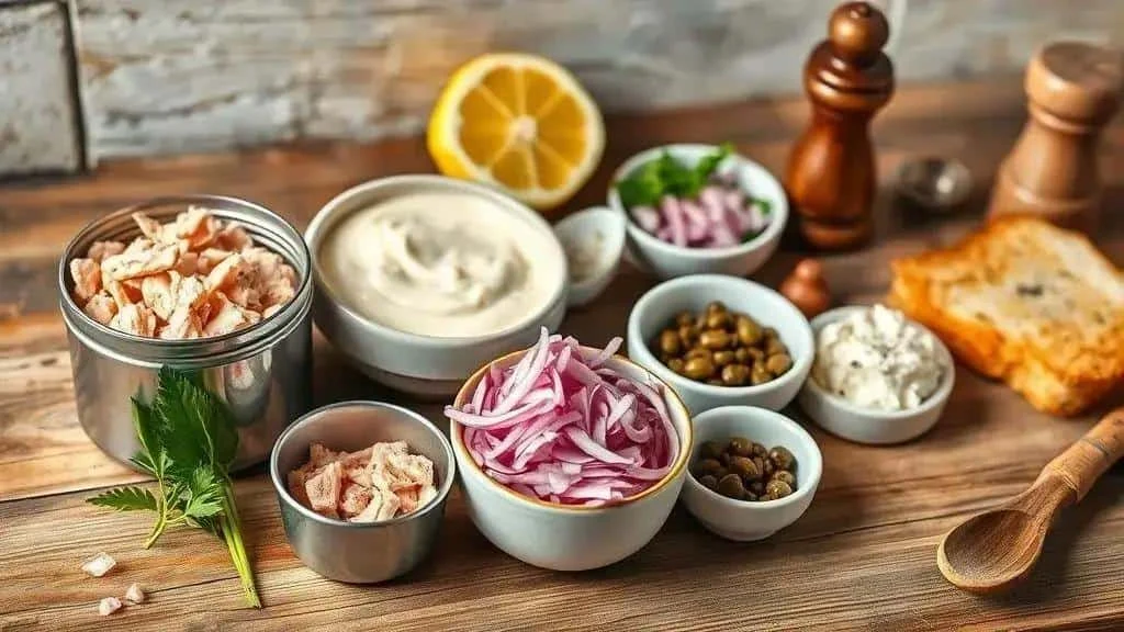 Tuna, mayonnaise, onion and herbs for a creamy spread