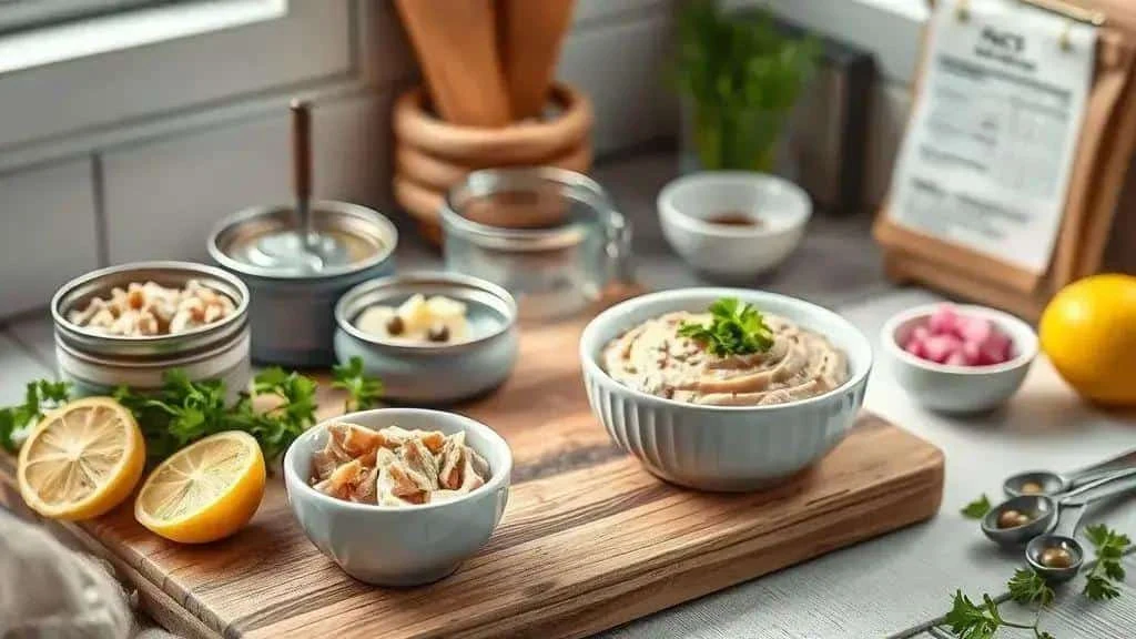 Tuna pate beside tinned fish, lemon and herbs