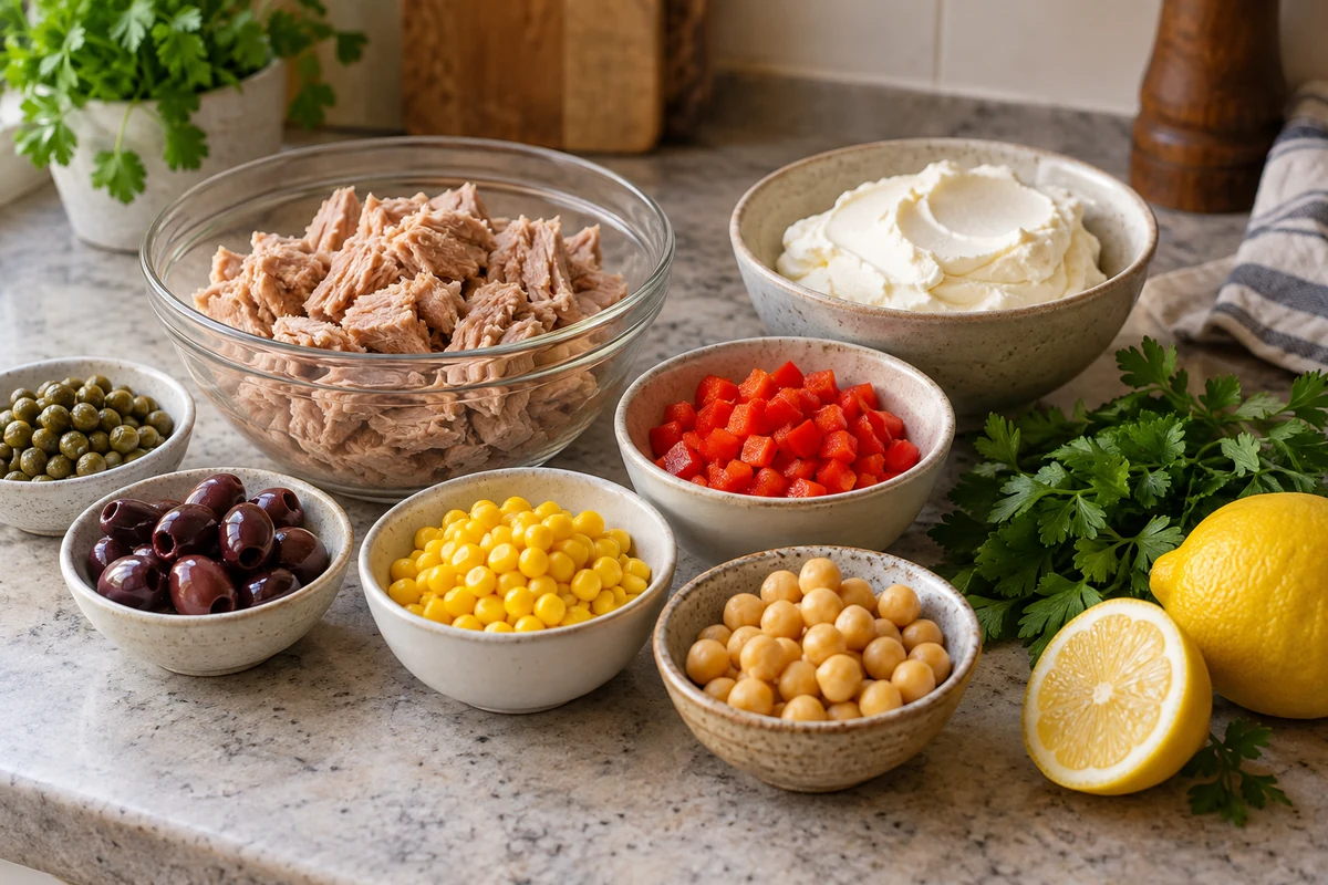 Tuna pate ingredients with capers, olives and sweetcorn Tuna pate ingredients with capers, olives and sweetcorn