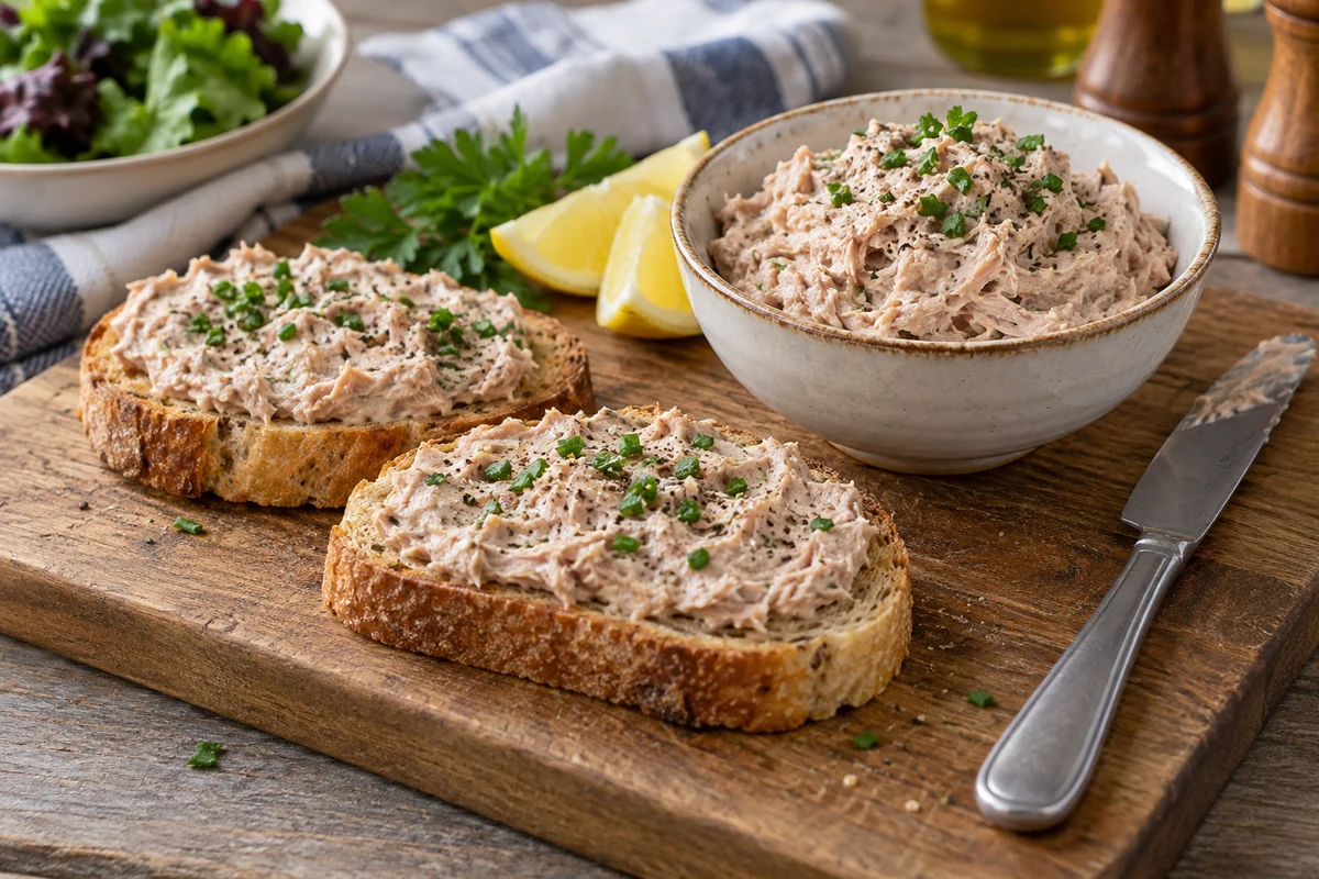 Tuna pate spread on toast beside a serving bowl
