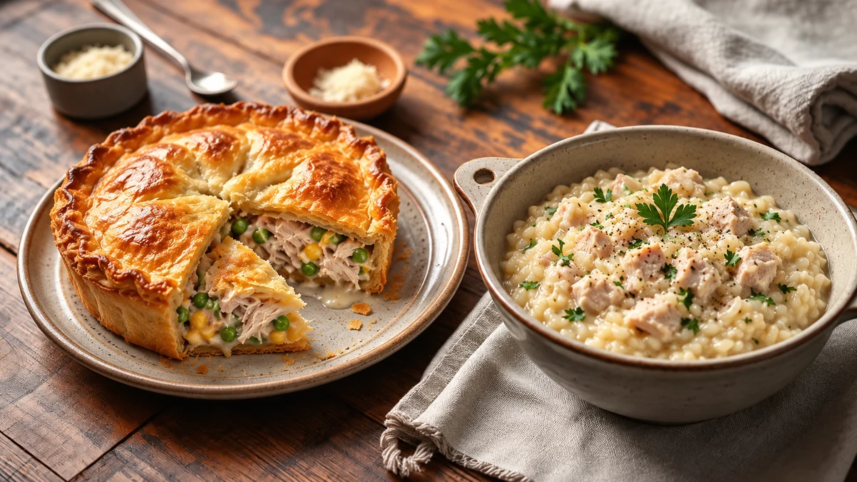 Turkey pastry pie and creamy Arborio rice risotto Turkey pastry pie and creamy Arborio rice risotto