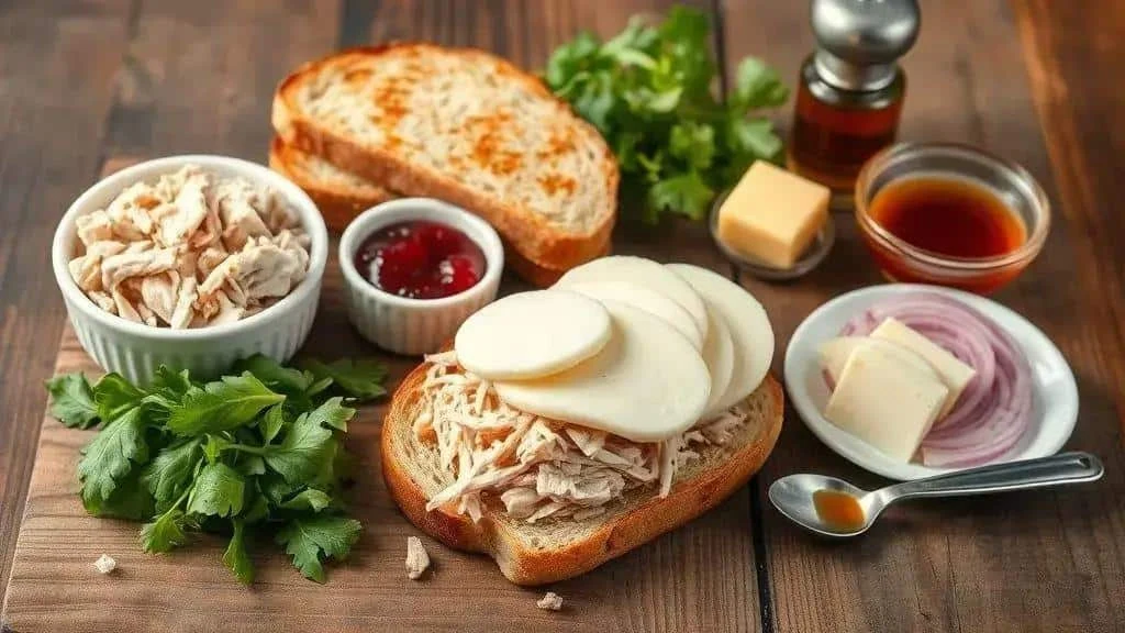Turkey sandwich ingredients with cranberry sauce and cheese Turkey sandwich ingredients with cranberry sauce and cheese