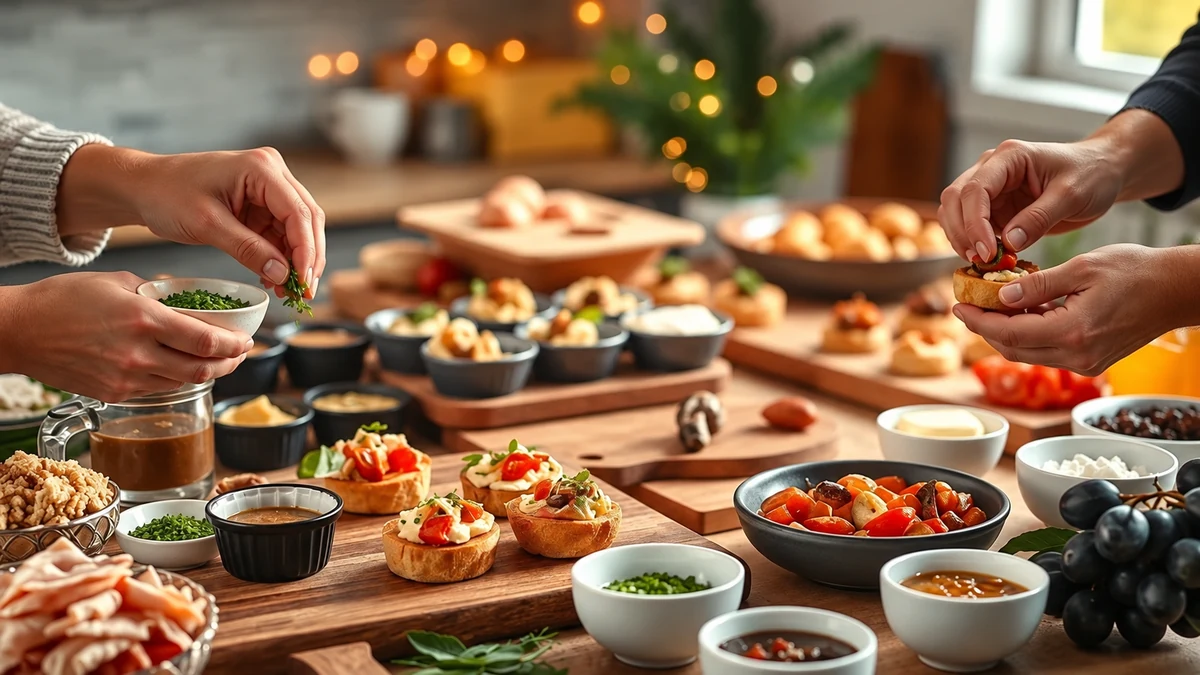 Two adults adding herbs and tomato toppings to small savoury snacks
