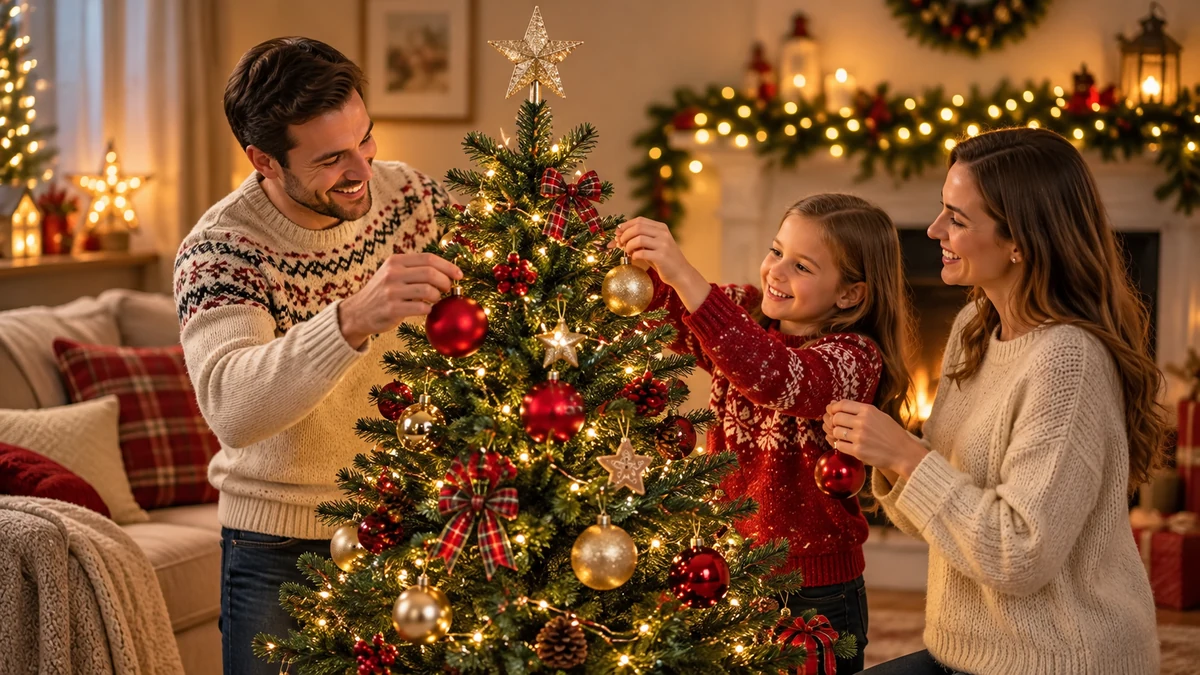 Two adults and a child decorating a small Christmas tree